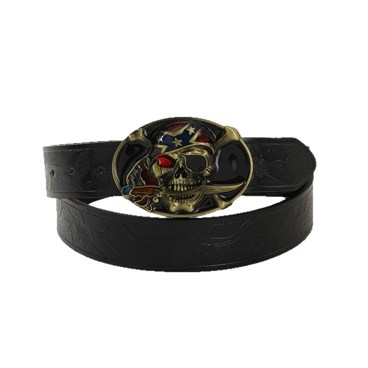 Unisex Vintage Pirate Skull Oval Buckle Heavy Duty Leather Belt - Embossed Texture Strap, Retro Zinc Alloy Buckle, Punk Street Style Belt for Male Casual Daily Wear