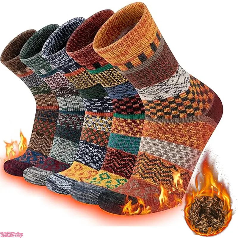 Double Needle Thick Knit Crew Socks | Viral 2026 Retro Ethnic Pattern Warm Winter Hosiery, Heavy Yarn Thermal Footwear, Vintage Casual Daily Accessory for Outdoor Cold Weather Holiday Gift