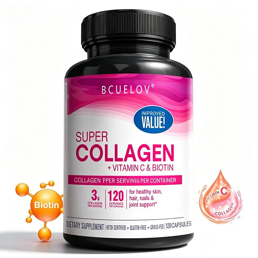 BCUELOV Super Collagen Peptides Capsules - 3g Hydrolyzed Grass Fed Bovine Collagen, Vitamin C, Biotin, for Women, Skin Boost & Health Nutrition Support, Collagen For Women
