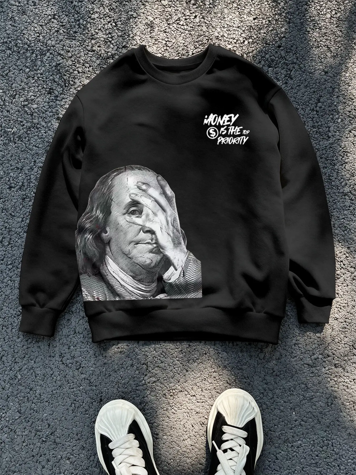Men's Fall Winter Franklin Face Print Sweatshirt, Fitted Hearts Pattern, Casual Round Neck, Warm Layered Top, Versatile Outerwear, Classic