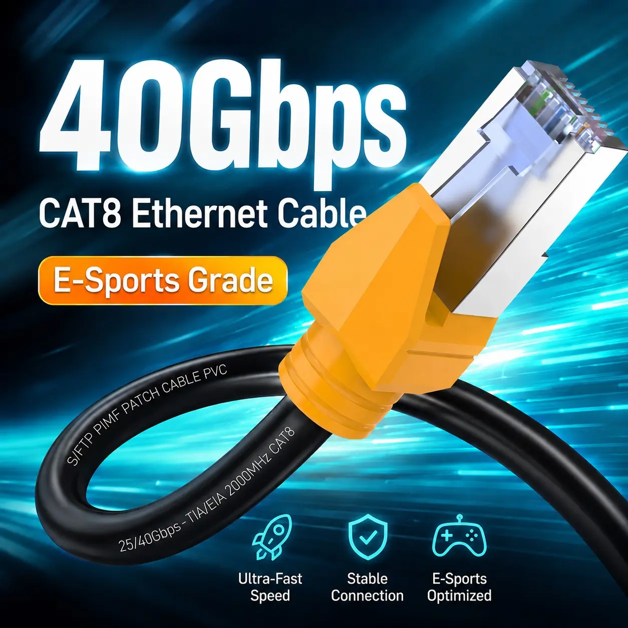 Cat 8 Ethernet Cable 100FT 40Gbps 2000MHz, Supports Cat7 Cat6 Cat5e Cat5, High-Speed RJ45 Cable, Heavy-Duty Indoor/Outdoor, Gold-Plated, Weatherproof & UV-Resistant for Gaming, PC, Router, Super Speed Cable