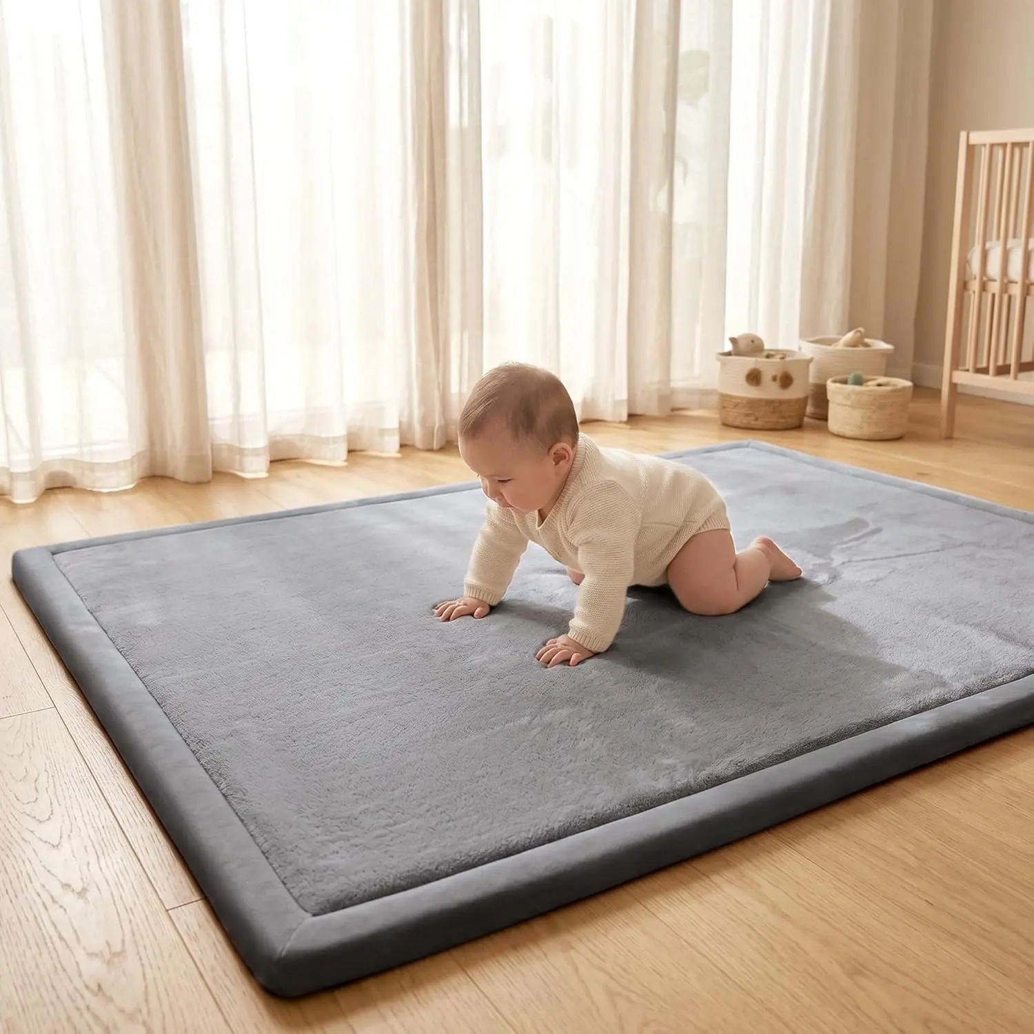 Baby Play Mat for Floor,1.3" Thick Elasti-Foam 59"×71" Non-Slip Water Repellent,Non-Toxic Playpen Mat for Infants Toddlers Kids, Ultra Soft Coral Velvet for Tummy Time Crawling（Dark Grey）, Floor Mat, 59X71 In