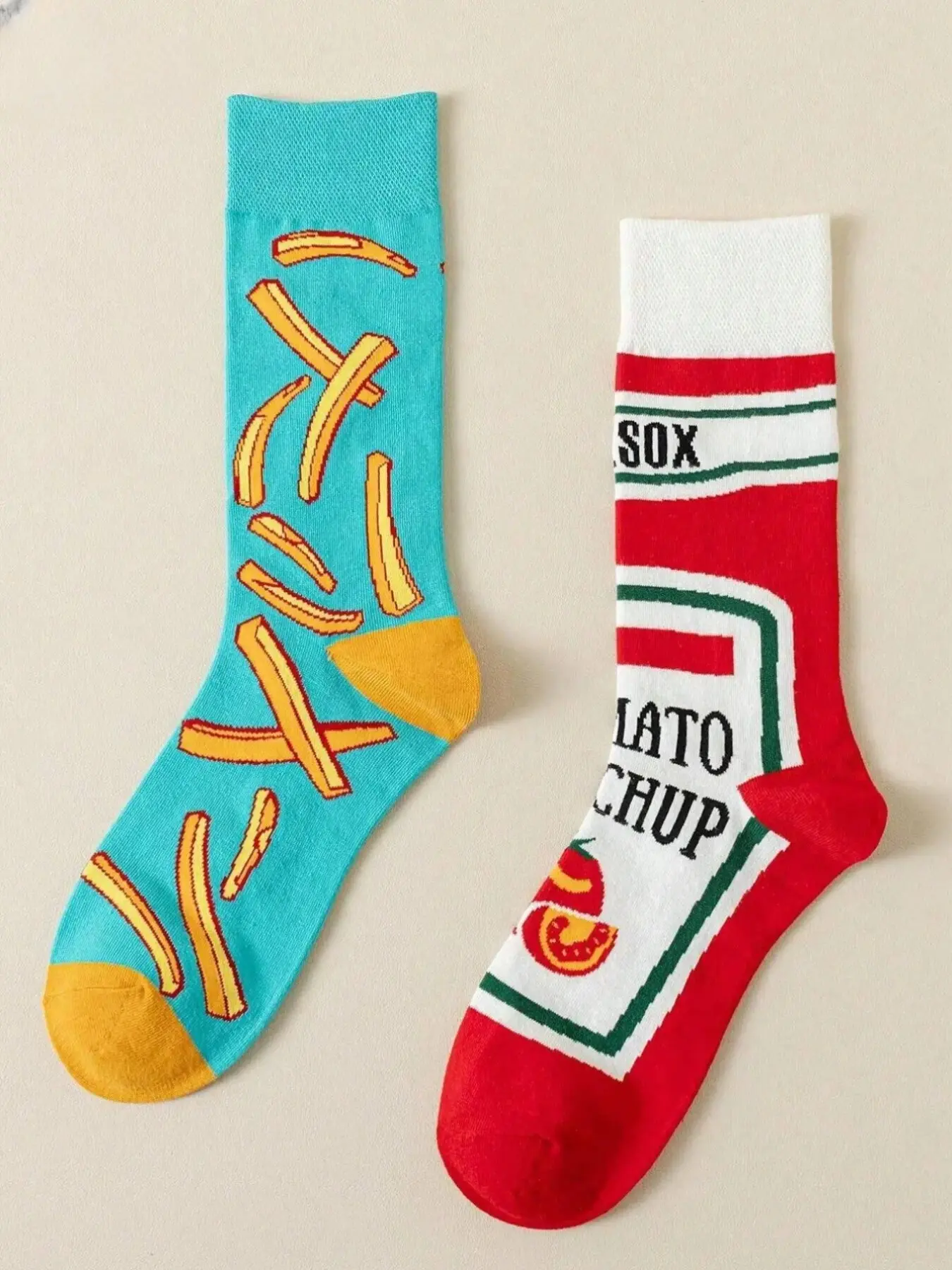 1 Pair of Fun and Whimsical Matching Socks: Asymmetrical Mid-Calf Socks Featuring French Fries and Ketchup—Knee-Highs, Casual Socks, Unisex Couple's Gift, Mismatched Socks, Funny Socks