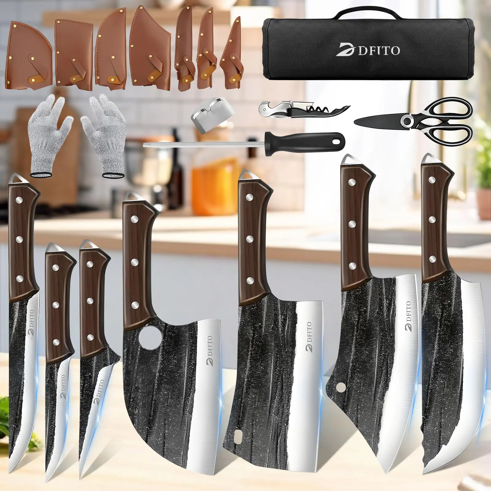 14Pcs Kitchen Knife Set, Butcher Knife Set with Roll Bag, Professional Hand Forged Chef Knife, Meat Cleaver, Bone Chopping & Fillet Knives for BBQ, Camping & Home