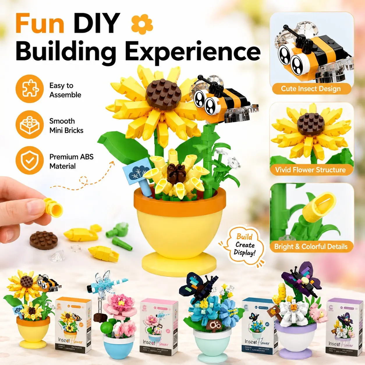 4pc Botanical Insect Flower Building Kit, Aesthetic Potted Garden Style, Detailed Mini Blooms with Cute Bee Dragonfly and Butterfly Decorations, Creative DIY Toy for Bedroom Shelf Dollhouse Decor, Christmas Gift, Micro Building Blocks
