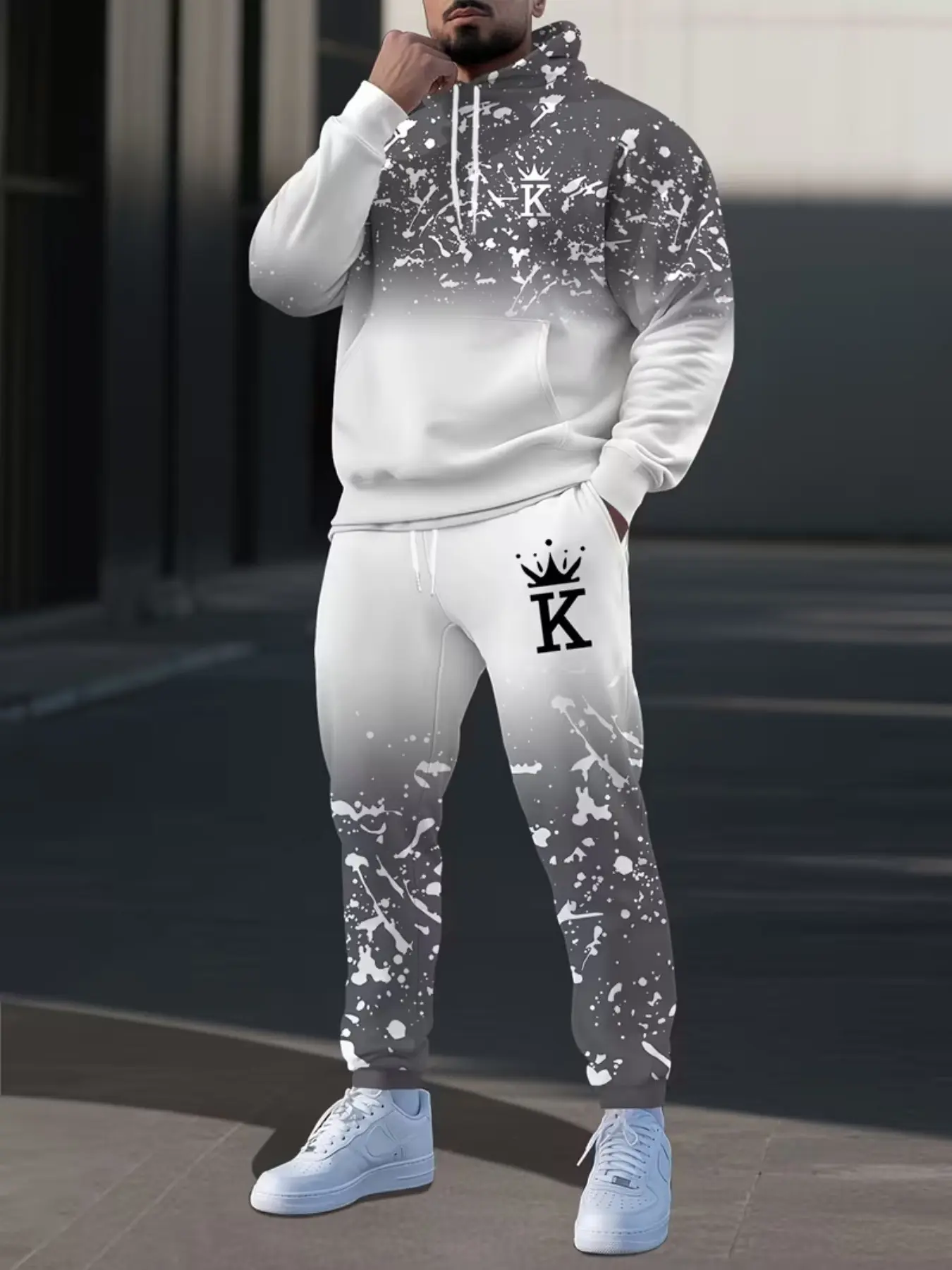 Men's Gradient Ink Print Hoodie Set, Half-Zip Hooded Sweatshirt, Casual Sportswear Two-Piece Set, Crown K Logo, All Seasons
