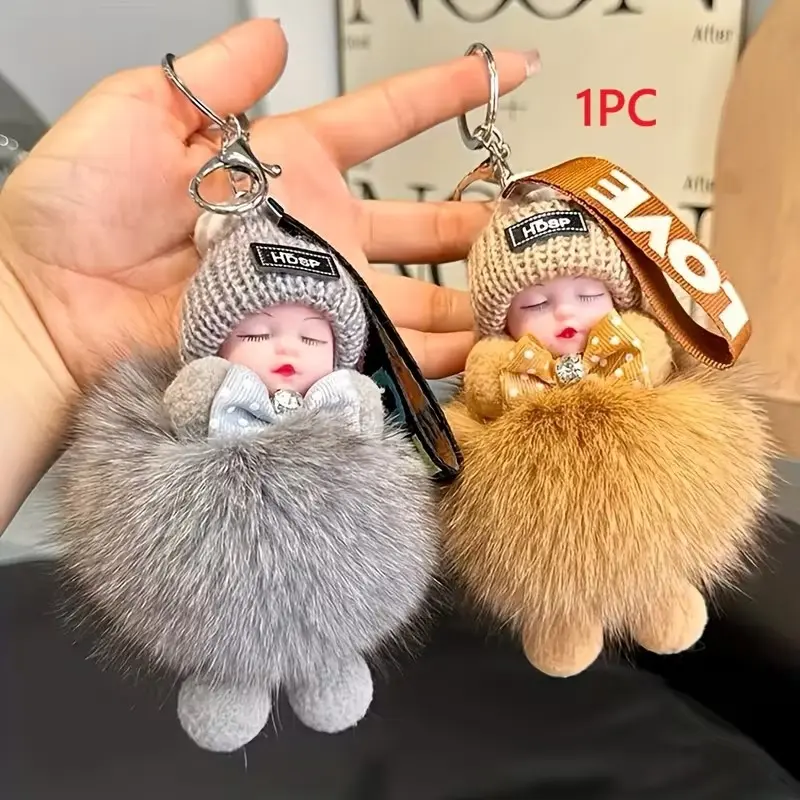 1 Pc Cute Sleeping Baby Doll Keychain | Kawaii Fluffy Style | Soft Shiny Faux Fur Bag Charm, Durable Key Ring, Key Chain Decorations, Cute Keychains For Car Keys, Sleep Doll Keychains, Ideal for Christmas, Valentine's & Father's Day Gifts