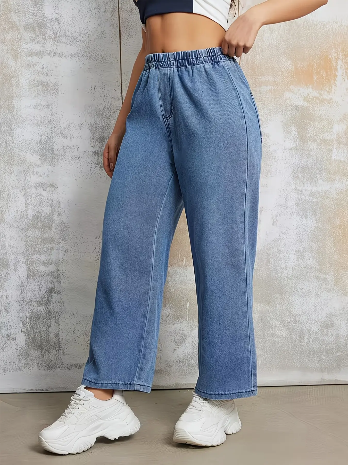 Women's All-Season Casual Streetwear Fashion Elastic Waist Loose Fit Wide-Leg Denim Jeans Pants, Perfect for Dates, Concerts, Parties, Clubs, Holidays