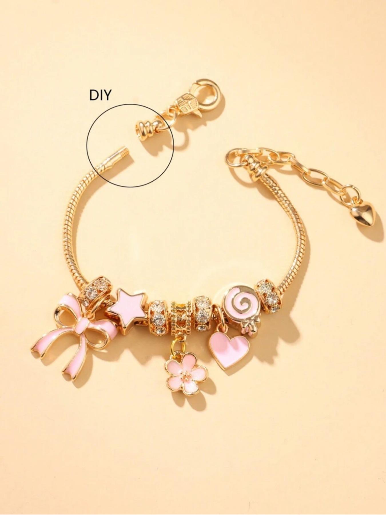 Cute Bow & Heart & Flower Design Charm Bracelet, Rhinestone Decorated Bracelet for Women & Girls, Trendy All-match & Exquisite Jewelry for Birthday Gift, Heart Shaped Bracelet