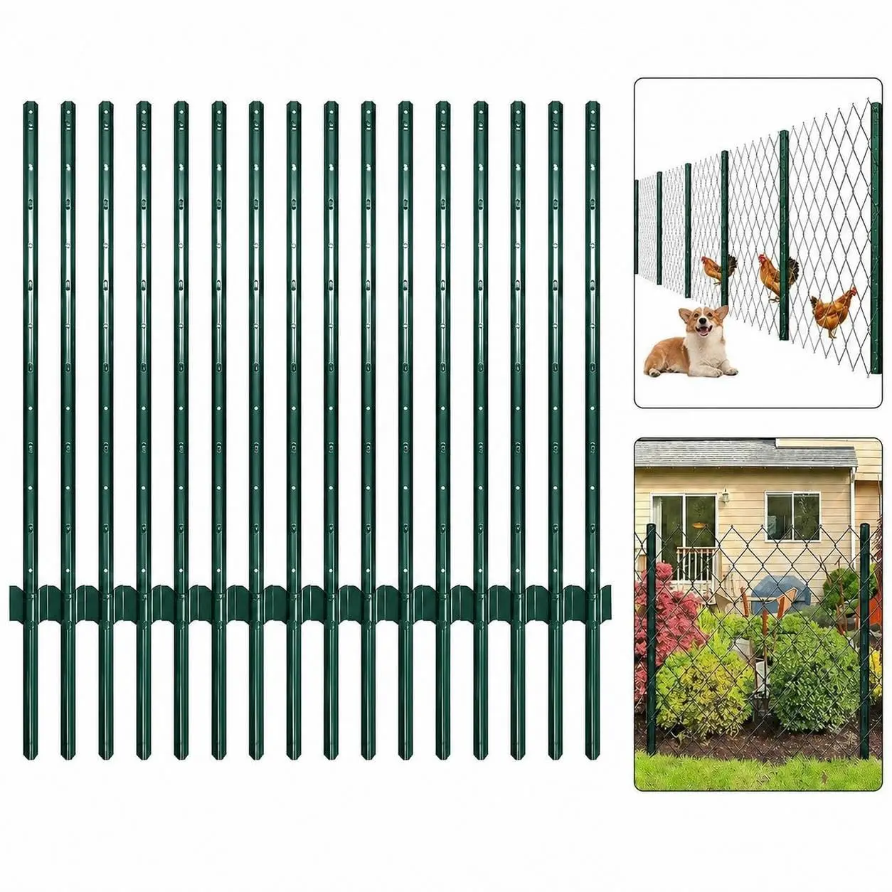 Heavy Duty U-Channel Fence Posts for Garden, Farm & Yard - 15 Pack 4/5Ft Metal Step-In Stakes with Anchor Plates, No Dig, Weather Resistant, Ideal for Wire & Deer Fencing - Green/Black