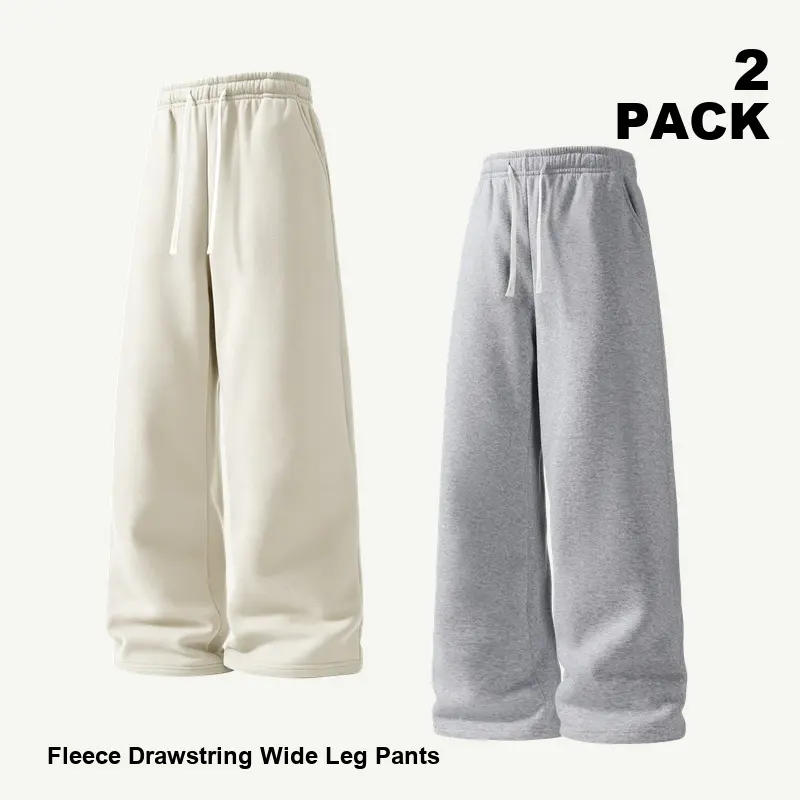 2 Pack Men's Relaxed Fit Wide Leg Jogger Pants, Warm Fleece Sweatpants with Drawstring Elastic Waist and Side Pockets, Baggy Straight Leg Trousers for Workout, Travel and Lounge