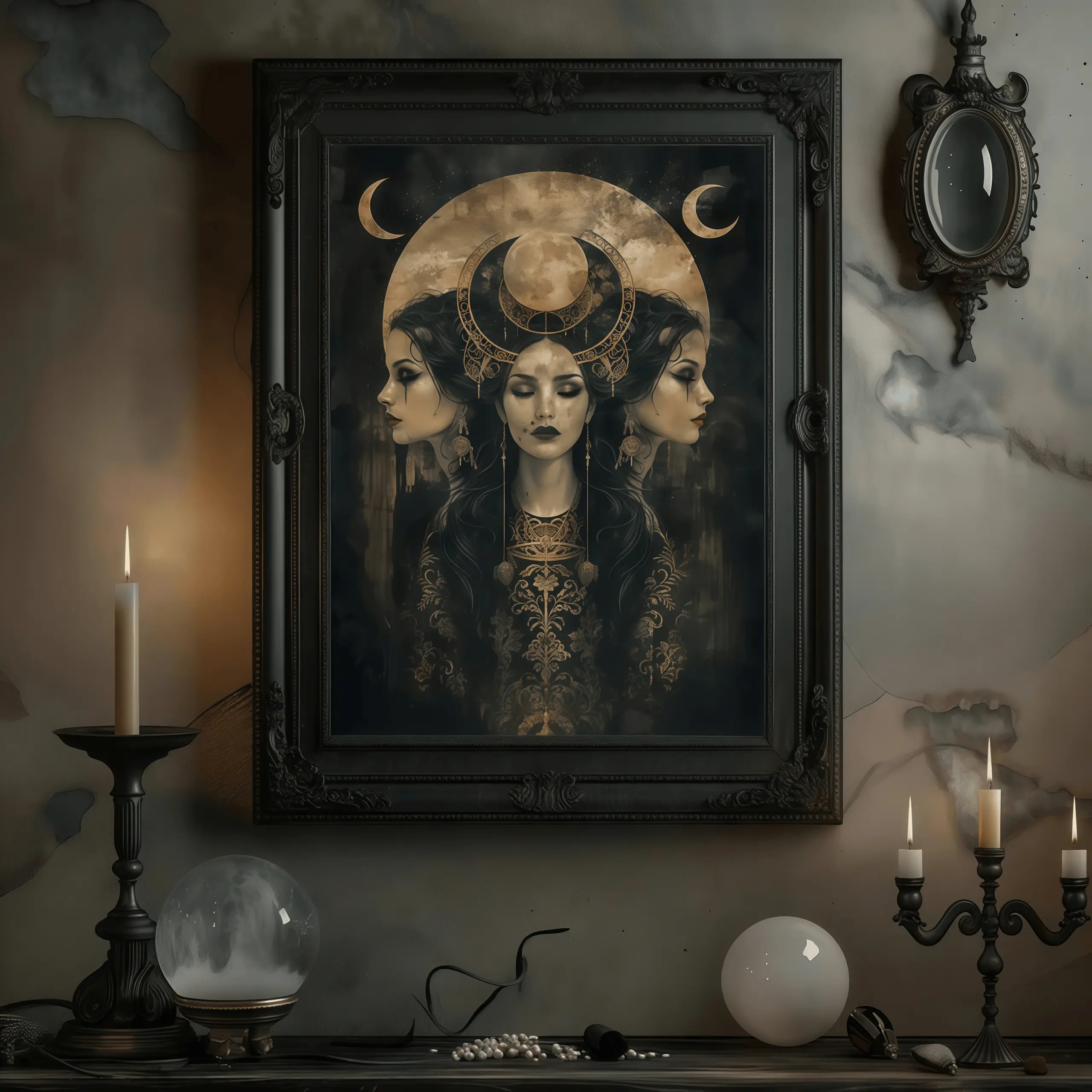 Triple Moon Goddess Canvas Poster, Pagan Witch Wall Art, Aesthetic Room Decor, Moon Sign Home Decor, Witchcraft Poster, Artwork Wall Painting for Gift, Ornaments, Wall Decor, Celestial Moon Artwork, Mystical Aesthetic Poster, Boho Spiritual Home Decor
