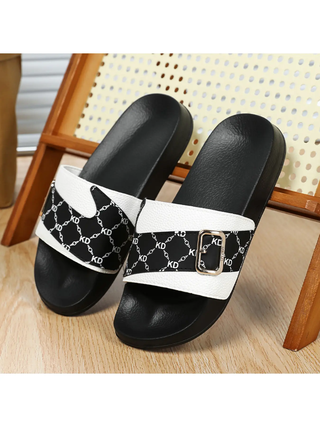 Women's Two-Tone Buckle Slide Sandals, Adjustable Strap Non Slip EVA Sole Casual Slipper Sandals Indoor Outdoor Slides