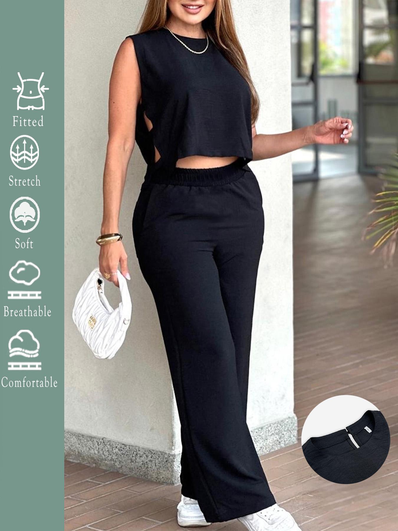 2025 Women's 2PCS Set - Sleeveless Side Cutout Crop Top & Wide-Leg Pants | Loose Fit, Elastic Waist w/Pockets | OOTD for Spring/Summer/Autumn | Office, Commute & Daily | All Body Types | #Fashion2025 #WorkWardrobe #LoungeElegance