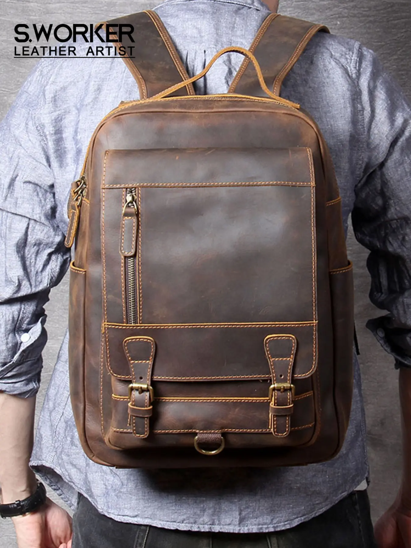 S.WORKER Vintage Genuine Leather Classic Backpack 14" Laptop Bag Casual Crazy-horse Leather School Bag College Backpack Outdoor Travel Weekender Bag