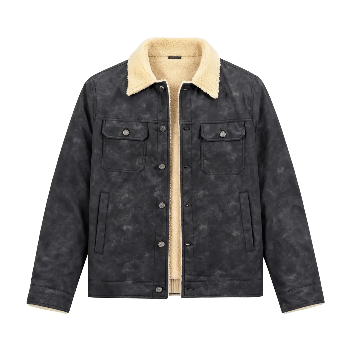 Men's Vintage Faux Suede Sherpa-Lined Trucker Jacket - Washed Black, Cream Fleece Collar, Multi-Pocket, Metal Snap, Thick Warm Retro Western Street Outerwear, Pair with Jeans, Hoodie, Joggers, Sweaters