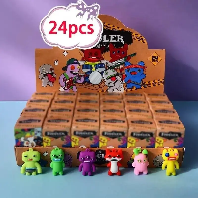 24-Piece F-G-R Teeth Monster Keychain Collection Set, Halloween Christmas Birthday Party Gifts, Cool Keychains, Cartoon Charms, Bag Hooks, Display Box