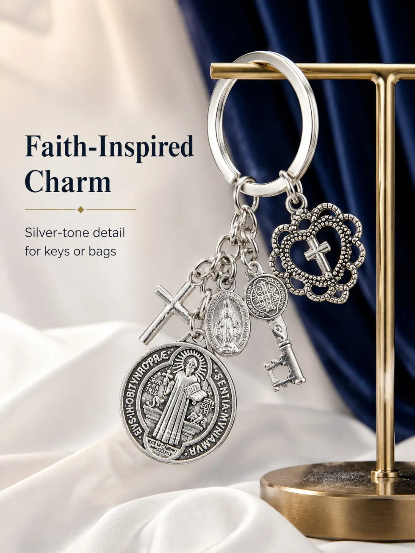 Antique Silver Catholic Religious Multi Charm Keychain, St.Benedict Miraculous Virgin Mary Medal Cross Sacred Heart Bag Charm, Christian Devotional Protection Keyring, Baptism Confirmation First Communion Gift for Women Purse Backpack Car Keys