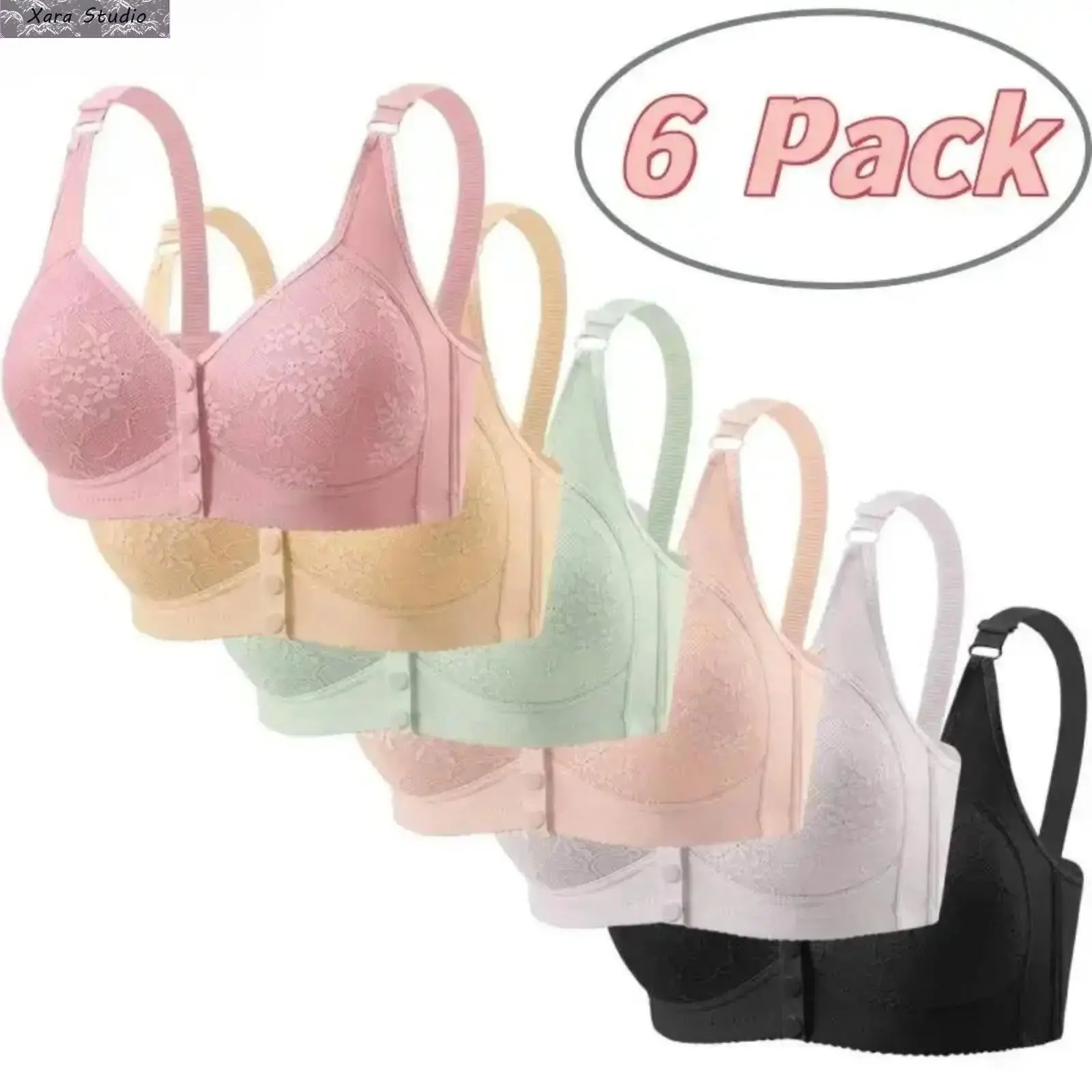 Multi-Pack Front Closure Wire-Free Push-Up Bra for Women – 3/6 Pack Seamless Cotton Sports Bras with Fixed Cups, Breathable Adjustable Comfort Bralette, Soft Lingerie Tank Style Support Bra for Daily Wear, Workout & Postpartum Comfort