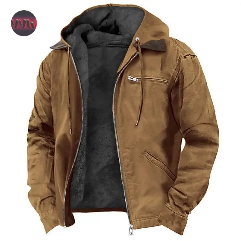Men's YYW1 Solid Color Hooded Zip Cotton Outer Fleece Jacket - Casual Fit, Zipper Pocket, Cold Weather Outdoor Sports Coat, Khaki/Black Menswear Tops, Multiple Pockets