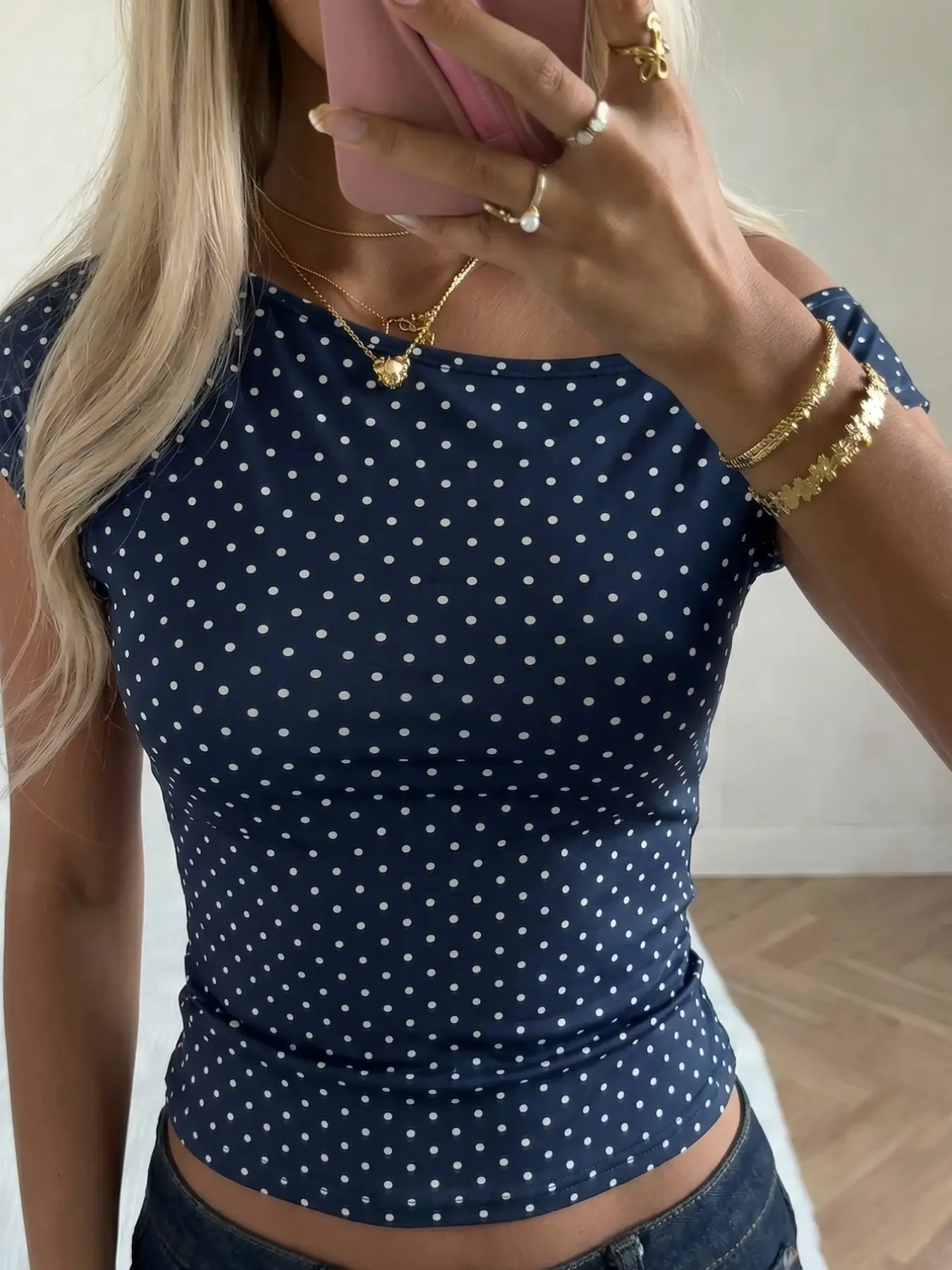 French Vintage Polka Dot Asymmetrical Shoulder Top, Bodycon Short Tee, Waist Cinched, Casual, Bold Style, Perfect for Trendy, Statement