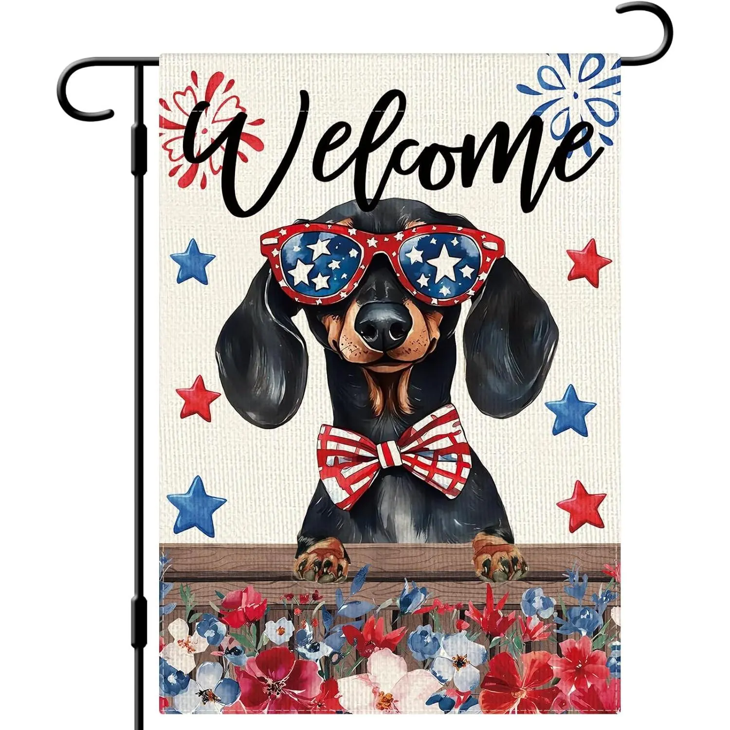 12x18 in 4th of July Dachshund Garden Flag, Double-Sided Vertical Linen Farmhouse Porch Sign, Reusable Vibrant Fade-Resistant Patriotic Outdoor Decoration, Manufacturer Warranty Included, No Flagpole Included