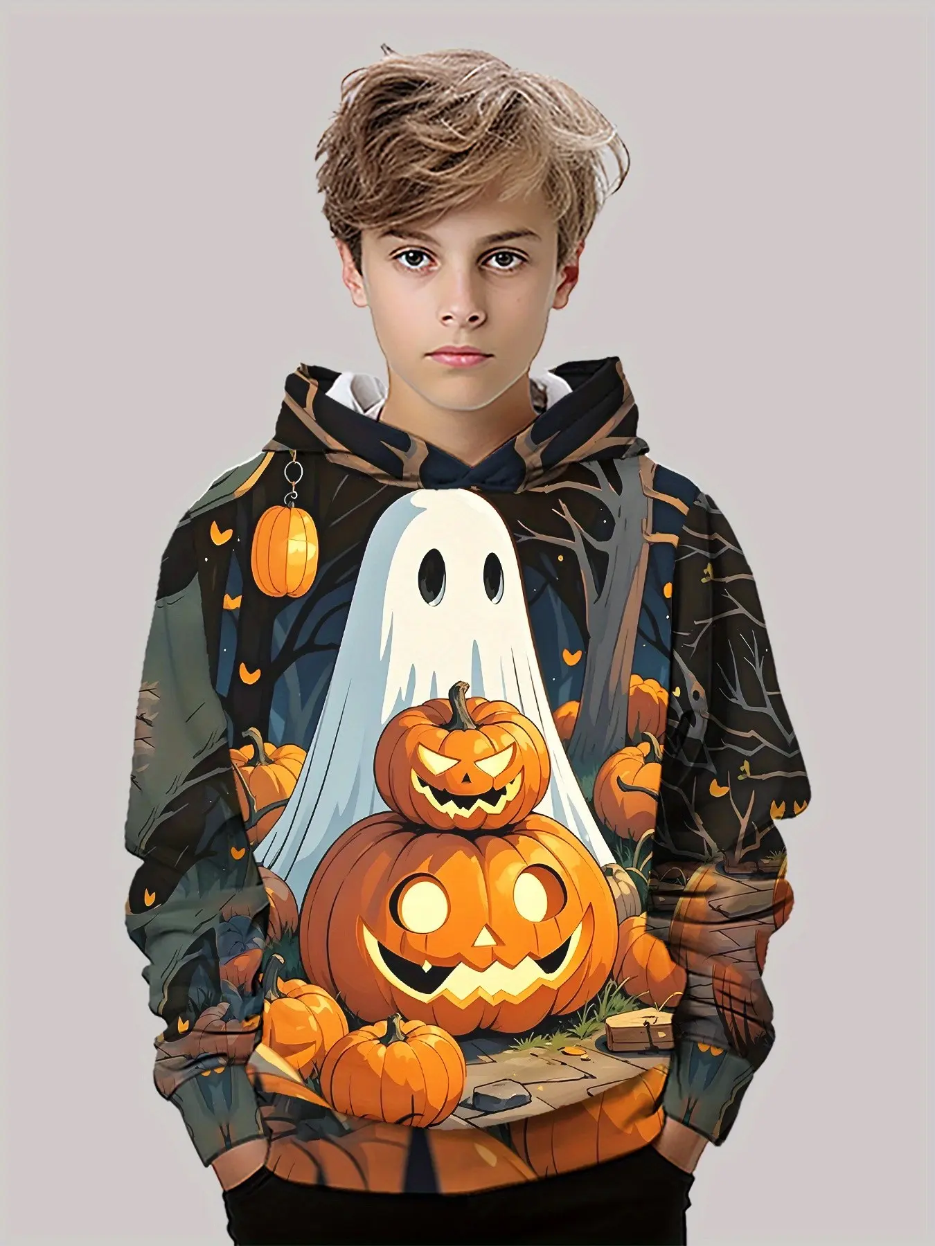 Long Sleeve Hooded Sweatshirt, Halloween Festival Casual Loose-Fit Top, Dark Forest Ghost Pumpkin Tree Print, Fall Clothing
