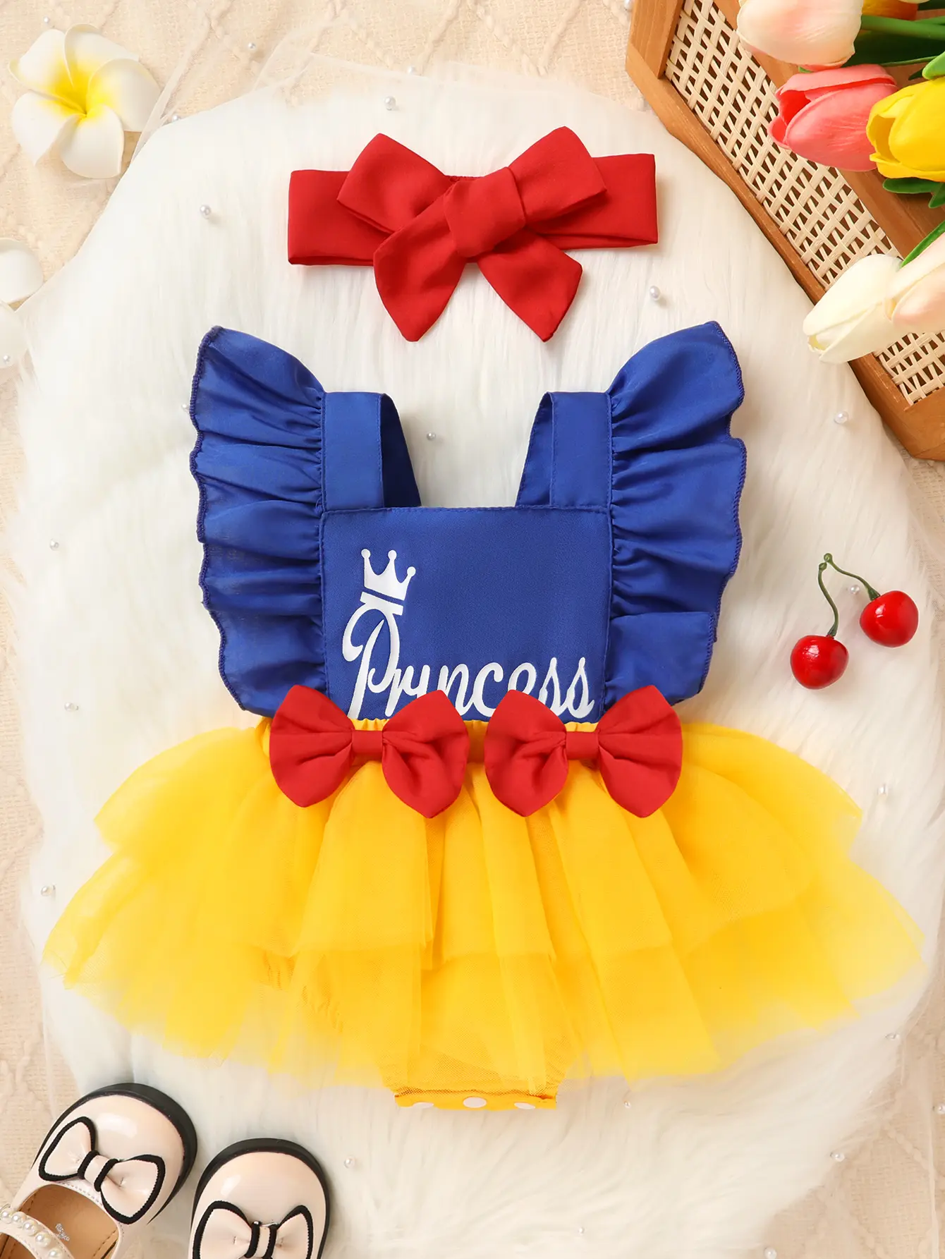 2pcs, Baby Girl Clothing, Cute, Soft, Comfortable, Crown-print Letter Print Bow-decorated Multi-layered Ruffled Mesh Jumpsuit Dress And Headband, Newborn Baby Girl Clothes, Suitable Summer For Everyday Wear, Parties, Photo Shoots, Outdoor Activities
