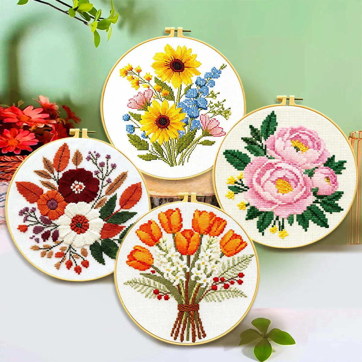 4pcs Cross Stitch Kit for Beginners, Botanical Pattern A Complete Set on Linen with Pre-Printed Grid for Home Decor, Includes Hoops, Scissors & English Instructions, Floral Embroidery, Linen Fabric, Multiple Flowers, Unisex