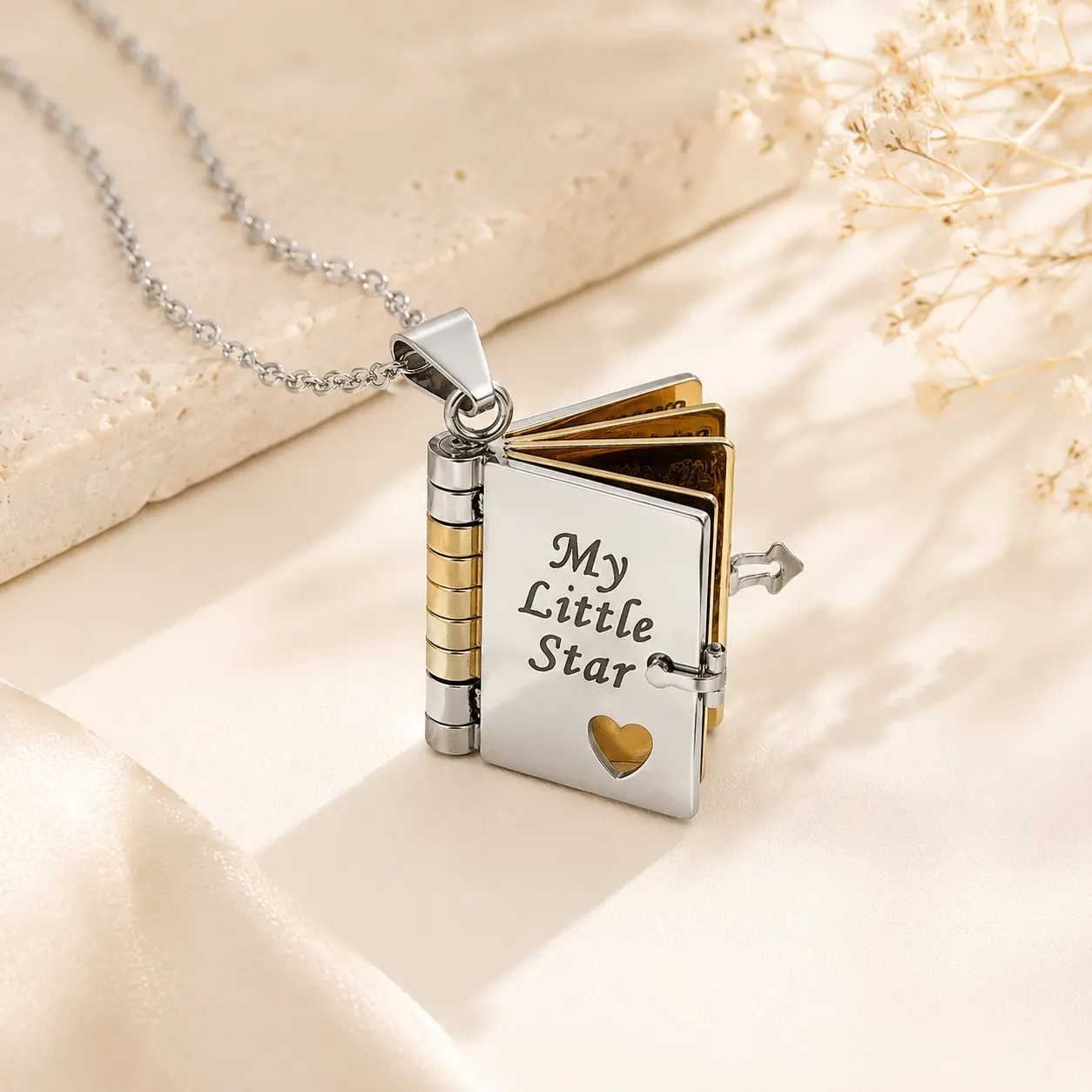 Openable 6 Pages My Little Star Book Necklace for Daughter, 18K Gold & Silver Adjustable Mini Book Locket Pendant, Sentimental Love Keepsake Jewelry Gift for Daughter from Parents