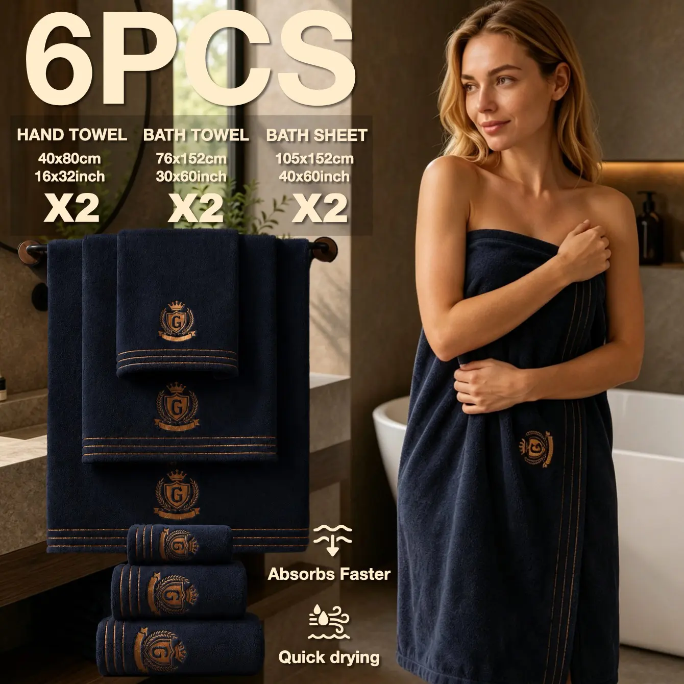 6-Piece Thick Premium Towel Set, Quick Drying Towels, Gold Trim Luxury Embroidered Bath Mat, Quick-Dry Microfiber, Ideal for Travel, Beach, Camping, Home, Hotel, School