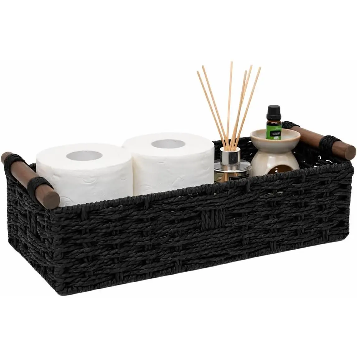 Black Woven Bathroom Basket with Wood Handles — Toilet Paper Storage Organizer for Back of Toilet, Paper Rope Wicker Basket, Boho Bathroom Decor Tray for Countertop or Tank Top