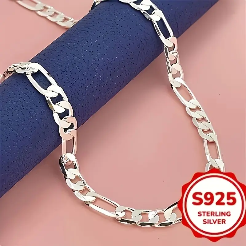 2D Flat 925 Silver Figaro Chain Necklace, 18/20/22/24 Inch Flat Chain Links, Stylish Wedding Jewelry for Men And Women, Trendy Street Hip-Hop Minimalist Couple Gift, Suitable for Daily Wear, Vacation, And Parties, Perfect for Holidays And Halloween