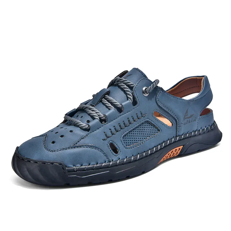 Men's Heelless Casual Clogs Sandals, Summer Closed-Toe Breathable Mesh PU Hand-Stitched Platform Rubber Sole Wear-Resistant Outdoor Casual Wear Lace-Up Front Style 2617, Heelless Men's Sandals, Front-Laced Men's Sandals