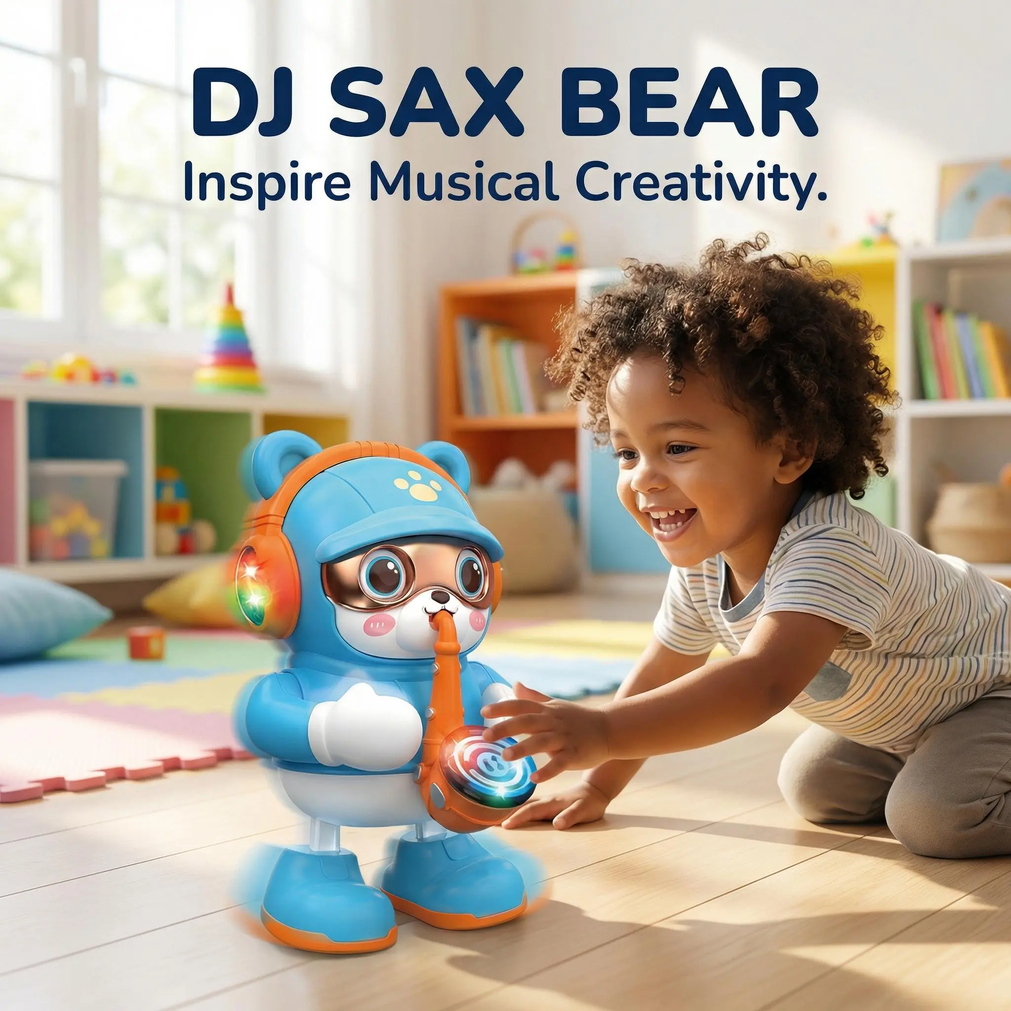 Interactive Dancing DJ Bear Toy with Saxophone – Musical Robot Toy with Music & Flashing LED Lights | Singing Dancing Animal Toy Gift for Kids Ages 3–7 Boys & Girls