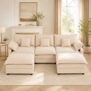 108" U-Shaped Modular Sectional Sofa - Comfy Cloud 3-Seater with 2 Movable Ottoman, Cloud Sofa,Deep Seat Linen Couch for Living Room, Beige Color ,Comfort & Stylish Design,Chenille pink