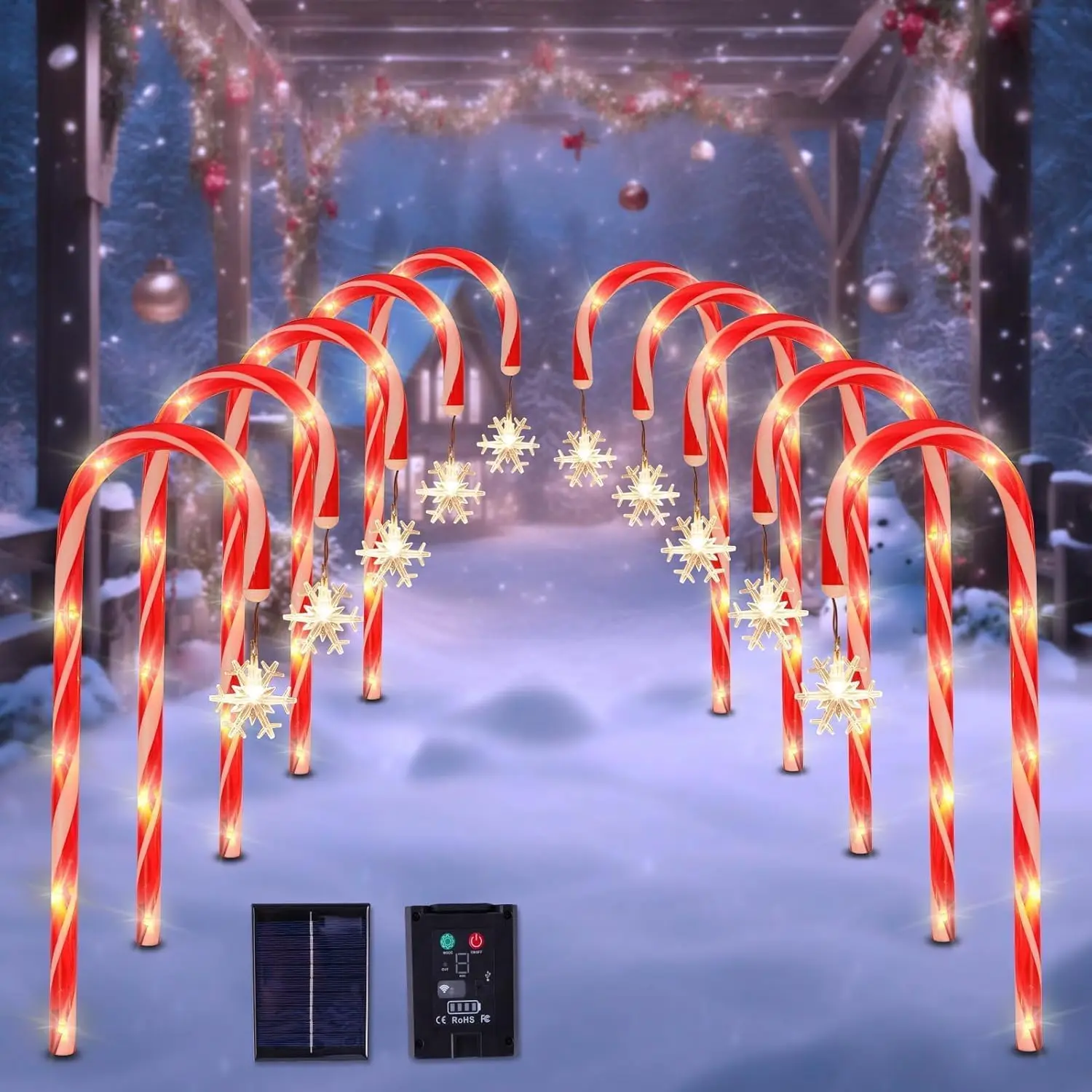 10 Pack Solar Christmas Candy Cane Pathway Lights with Snowflake,  LED Outdoor Stake Lights for Lawn, Yard, Walkway, Solar  Christmas Decorations for Garden, Patio (Warm White)