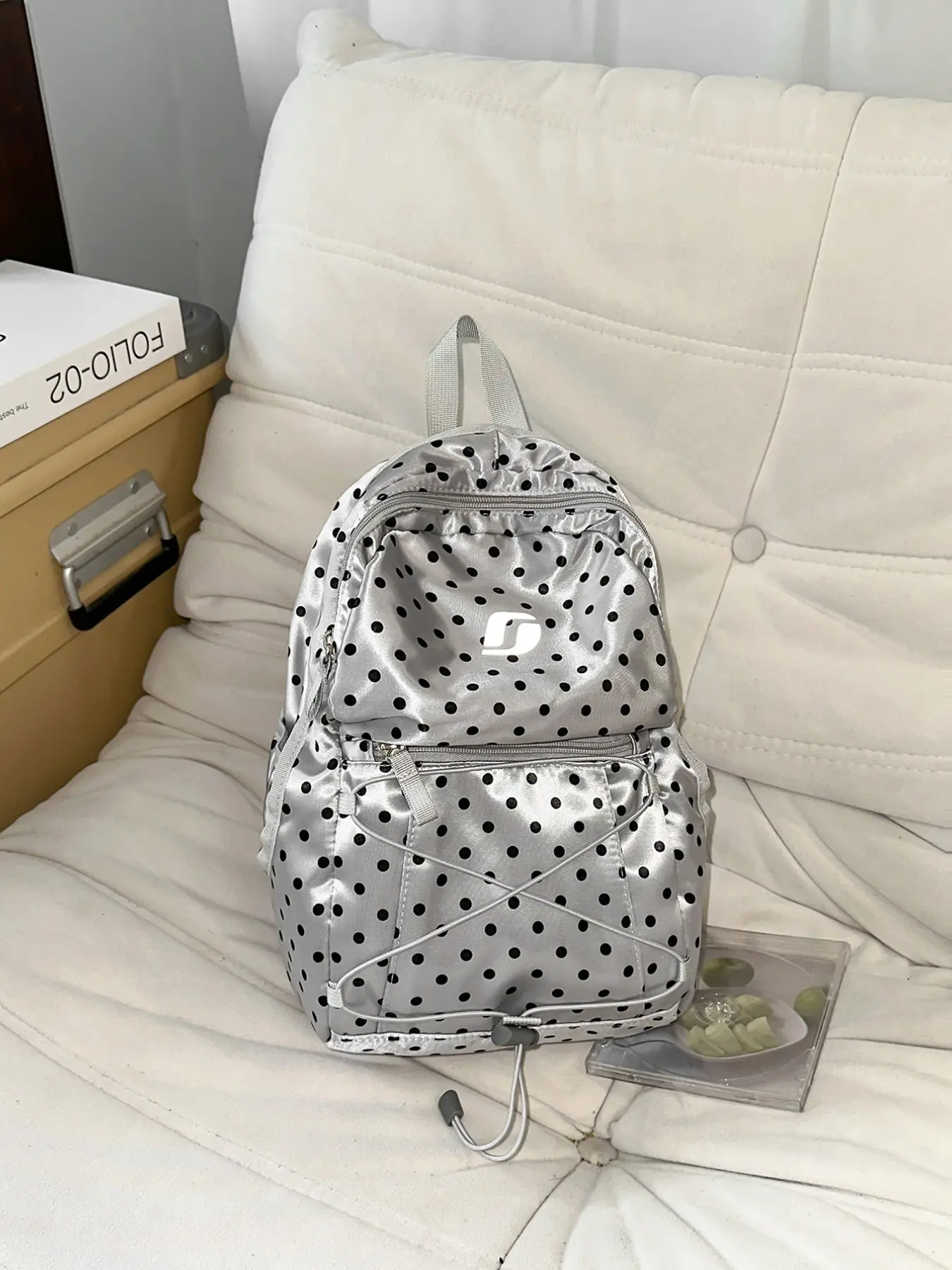 Korean Style Polka Dot Nylon Backpack, Drawstring Design, Lightweight Waterproof Student Bag, Multi-Layer Large Capacity, Outdoor Commute