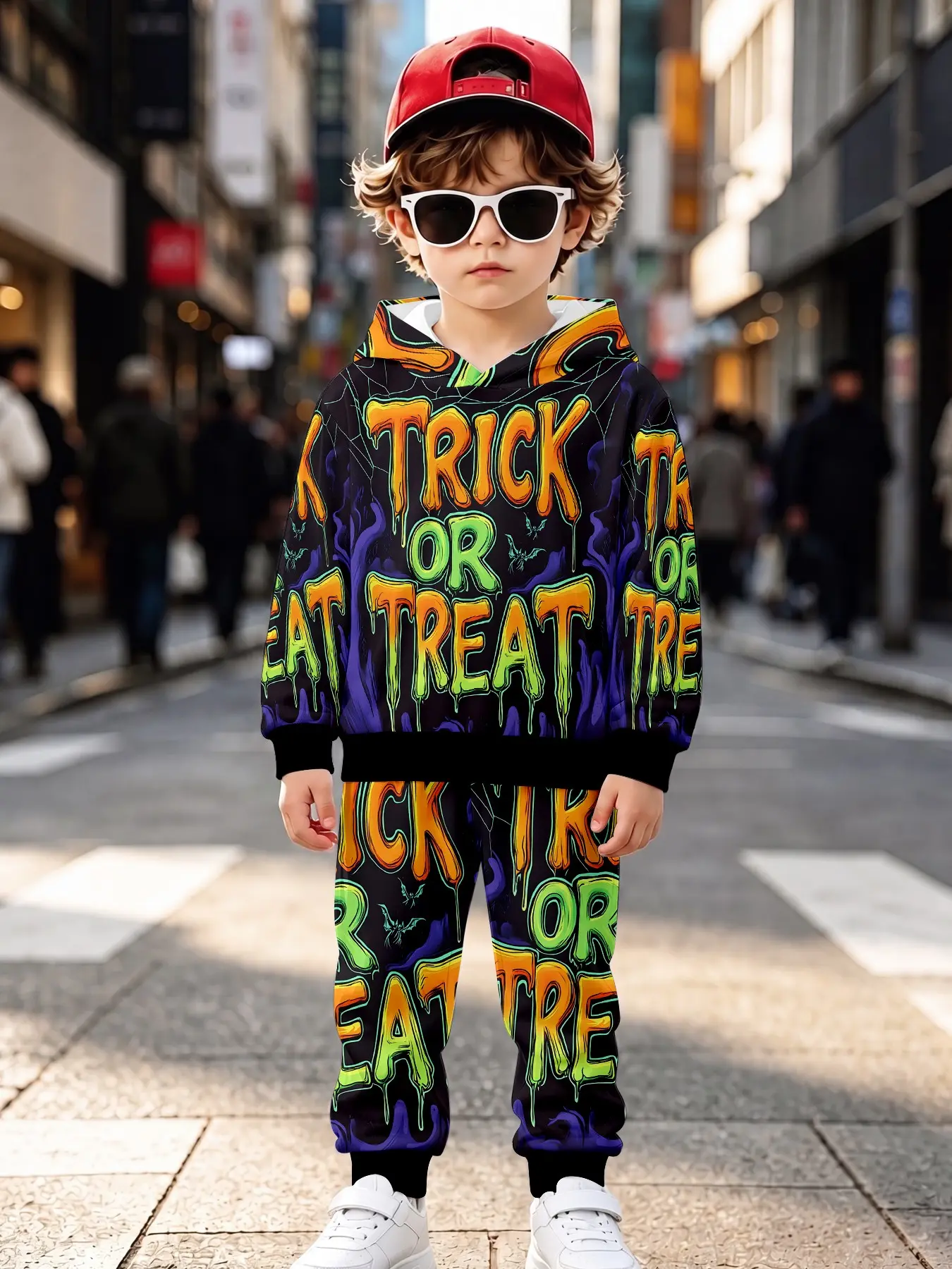 Unisex Halloween Costume Set, Base Fog Spider Web Gradient, Trick or Treat Letter Bat Print Hoodie Sweatpants