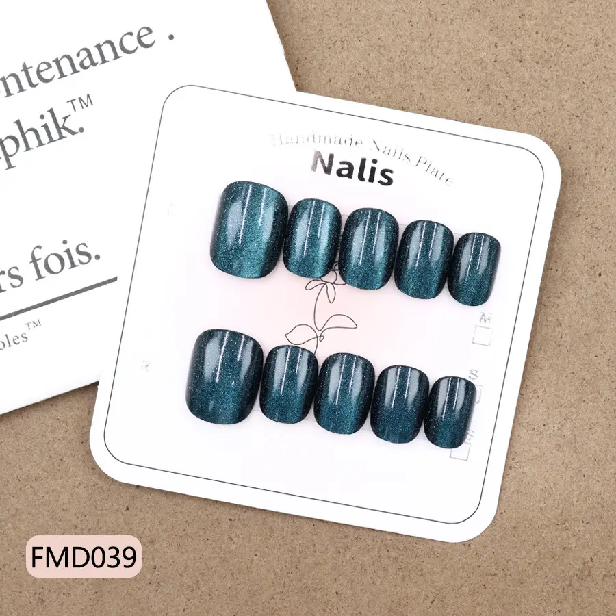 Dark Teal Glitter Cat Eye Press On Nails Short Round Solid Glossy Magnetic Fake Nails Cool Daily Women Nail Set