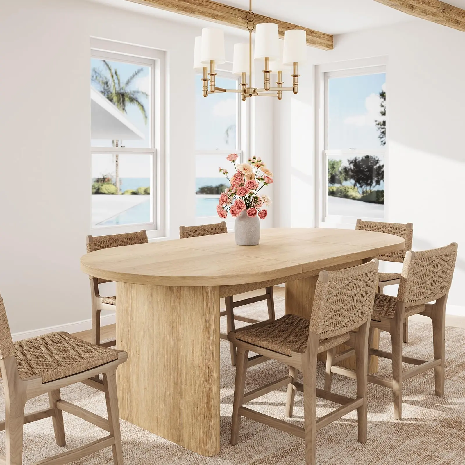Oval Dining Tables Available in 63" and 70.87" Sizes Featuring Wooden Bases, Designed to Comfortably Seat 4-6 or 6-8 People, Ideal for Kitchen or Dining Room Use