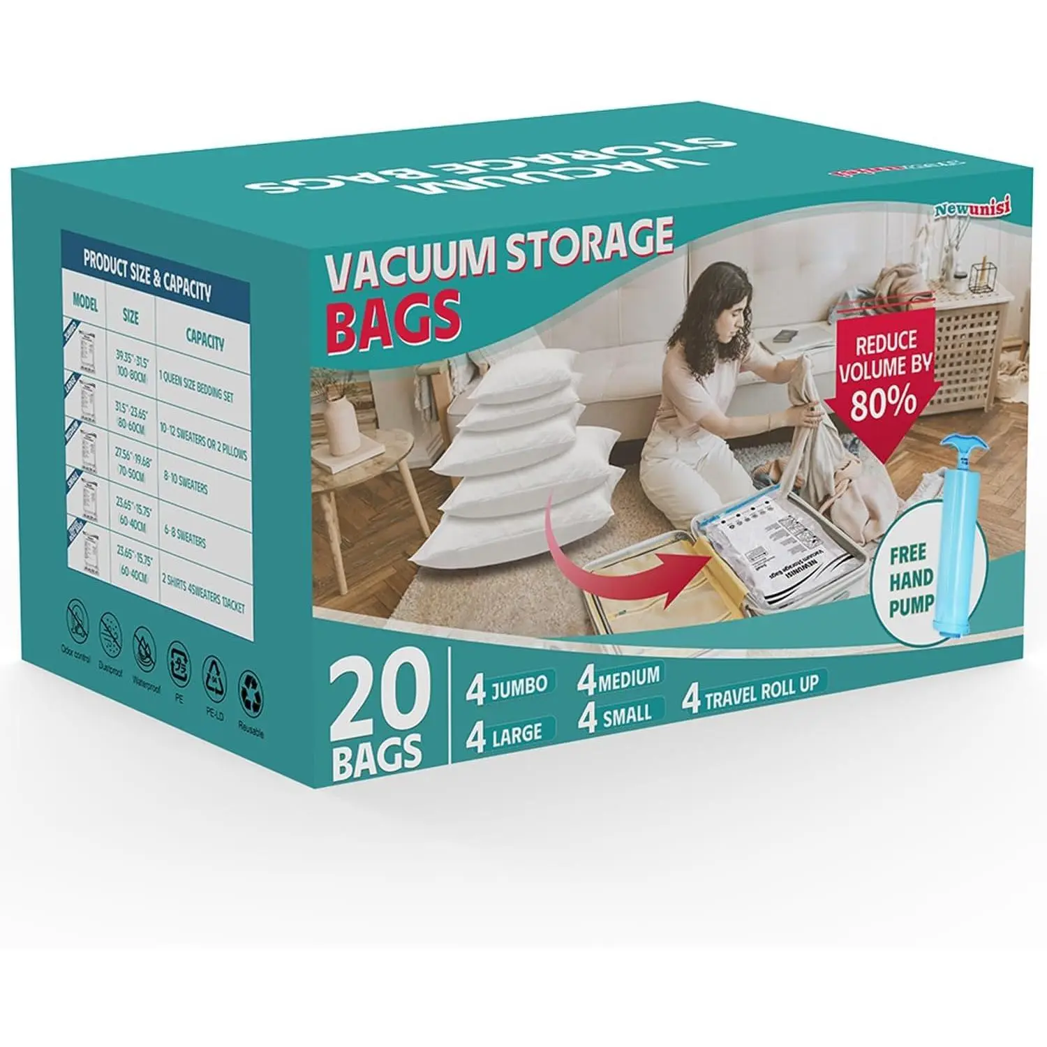 20 Pack Vacuum Bags, Vacuum Seal Bags for Clothing, Comforters,, Saver Vacuum Bags with Hand Pump.(4*, 4*Large, 4*Medium, 4*Small, 4*Roll)