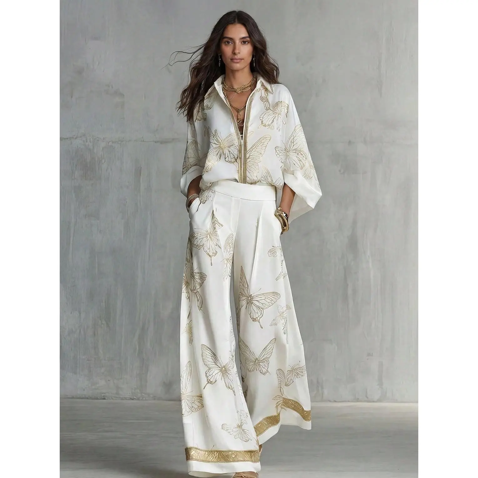 Women's 1 Set Baggy 2-Piece Cotton Fabric Style Blouse/Shirt & Wide Leg Pants Set - Long Kimono Sleeves, Butterfly Print, Ideal for Fall Occasions Womenswear Vneck
