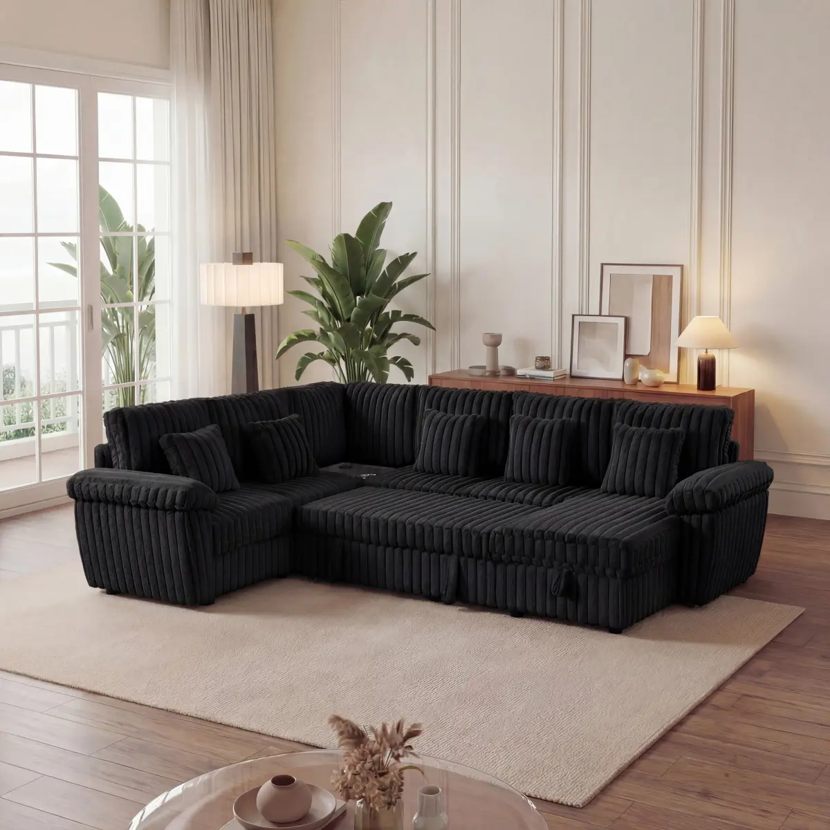 Aobtkel 103-in Corduroy Oversized Corner Sectional Sofa Set - Plush Texture, Textured Fabric, Storage, Converts to Bed, Quick Setup, with Corner Coffee Table (Cup Holder, USB Port) for Living Room