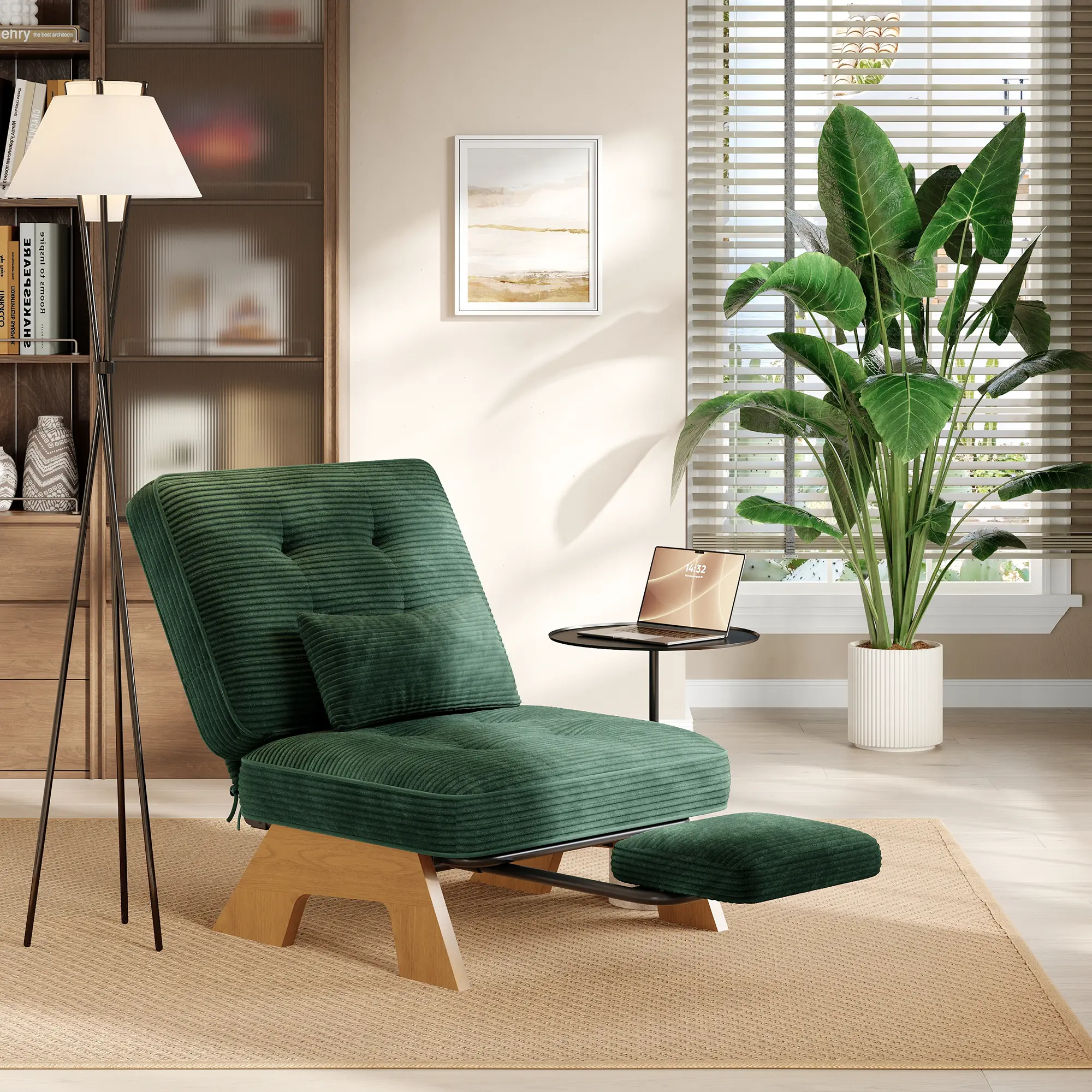 Garvee Modern Accent Lounge Chair with Adjustable Backrest & Built-in Footrest – Tufted Armchair with Lumbar Pillow, Cozy Reading Chair, Rubberwood Frame