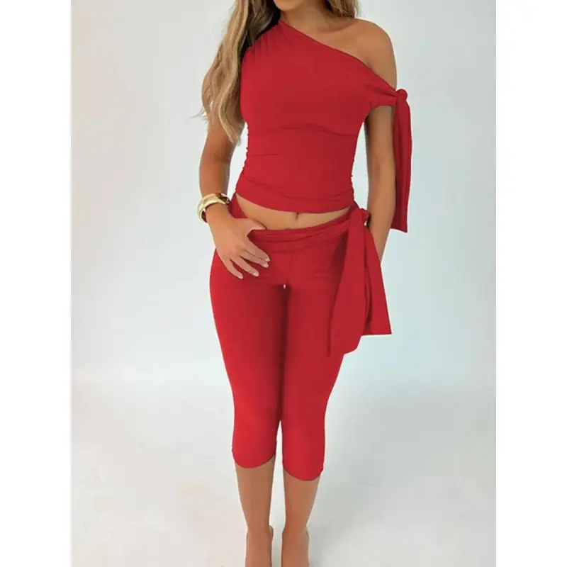 Women's Solid Asymmetrical Neck Knot Design Top & High Waist Capri Pants Two-piece Set, Elegant Fashion Basic Ruched Top & Skinny Capri Trousers for Daily Outdoor Wear, Ladies Clothes