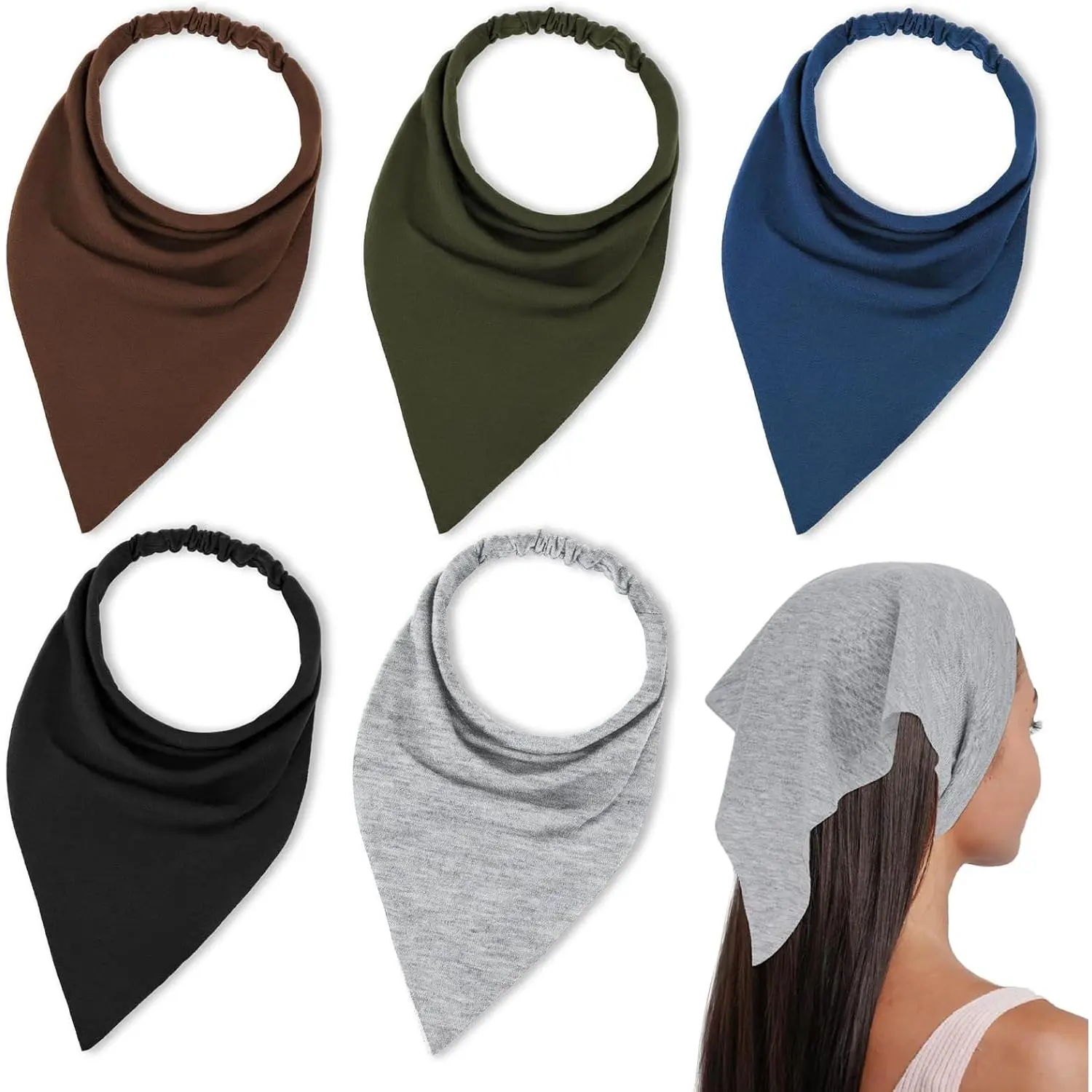 Triangle Bandana 5 count Elastic Scarf Headband Large Boho  Scarves Non Slip Headpiece Stretch Hair Kerchief Wraps Solid Color Hair Accessories Portable Hair Ties Fit Women Mens Travel Party