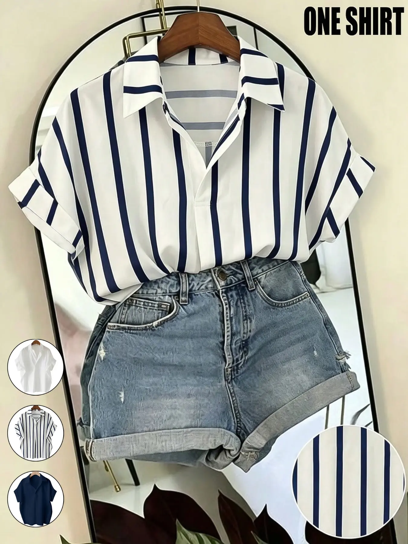 Women's Casual Versatile Striped Batwing Sleeve Loose Shirt,French-Style Summer Short-Sleeved Lapel Top，Comfortable and Stylish Top for Daily Wear, Perfect for All Seasons，Vacation Outing