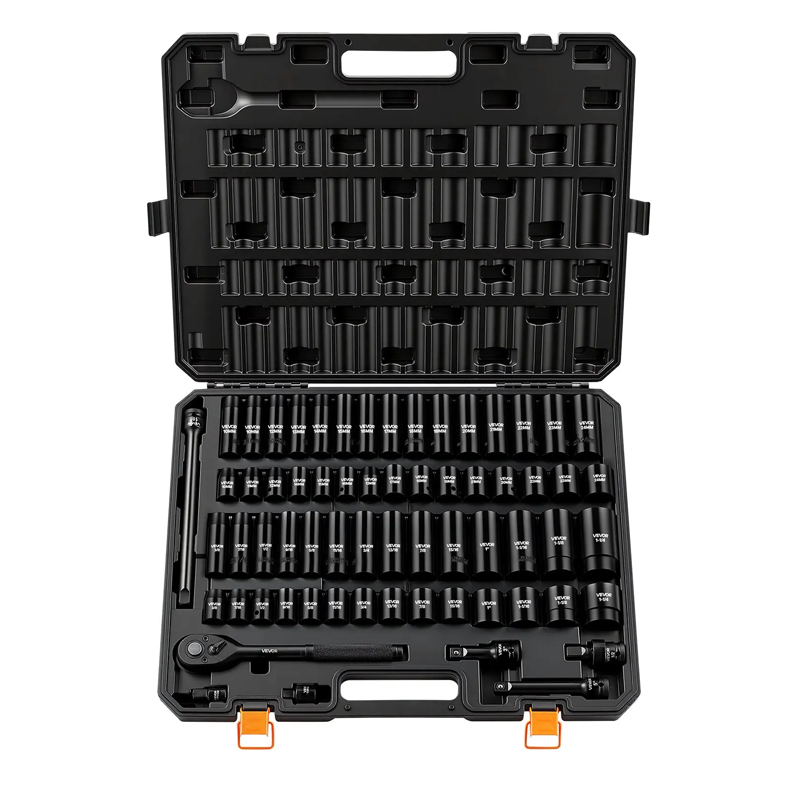 VEVOR Impact Socket Set, 1/2" Drive, 65-Piece Socket Set, 6 Point Sockets, SAE 3/8" to 1-1/4" and Metric 10-24 mm, Easy to Identify, with a Sturdy Storage Case, Cr-V Alloy Steel for Vehicles Repair
