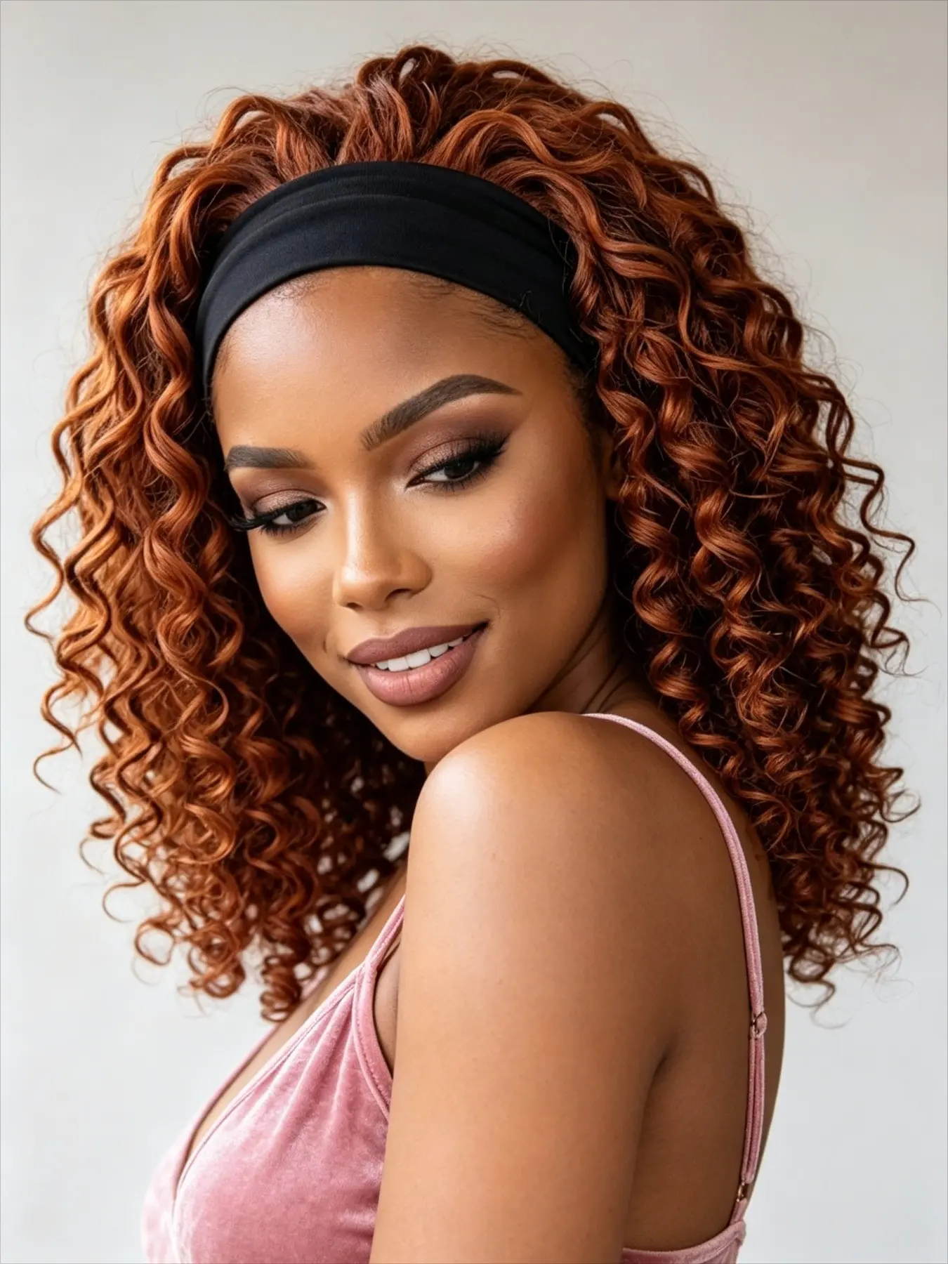 Convenient Wigs, Warm Streaked Brown 14 Inch Dense Curly Bob Scarf Hair Wig, Wear-and-Go Glueless Lace-Free Hair Unit, Smooth Synthetic Curls Pre-Mounted With Elastic Head Wrap, Great for Daily Routine, Brunch Meetups